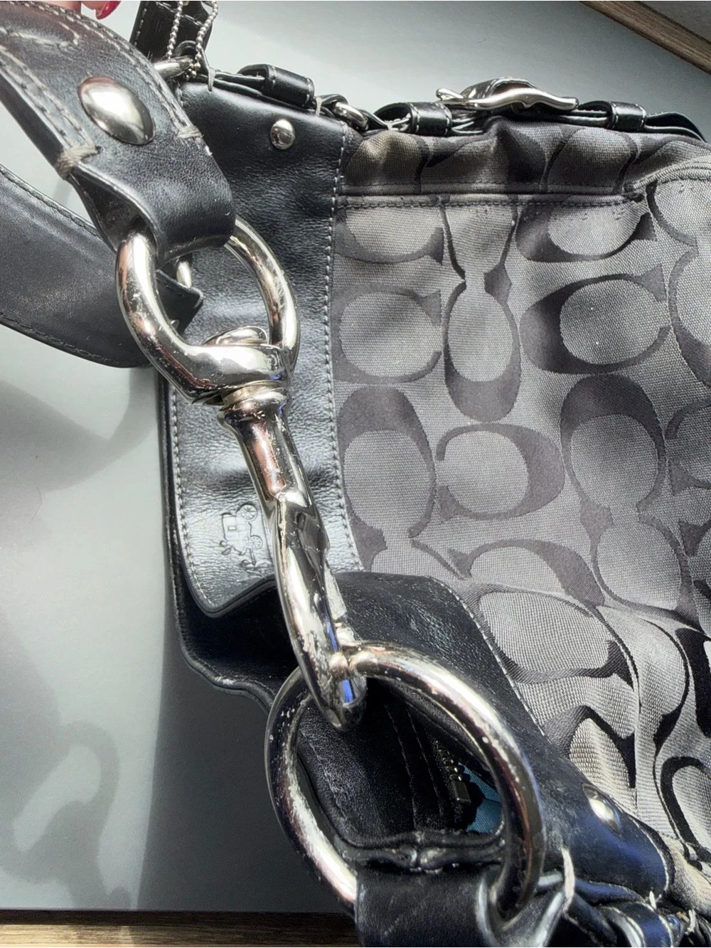 Coach Black Signature Jacquard Shoulder Bag with Leather Trim
